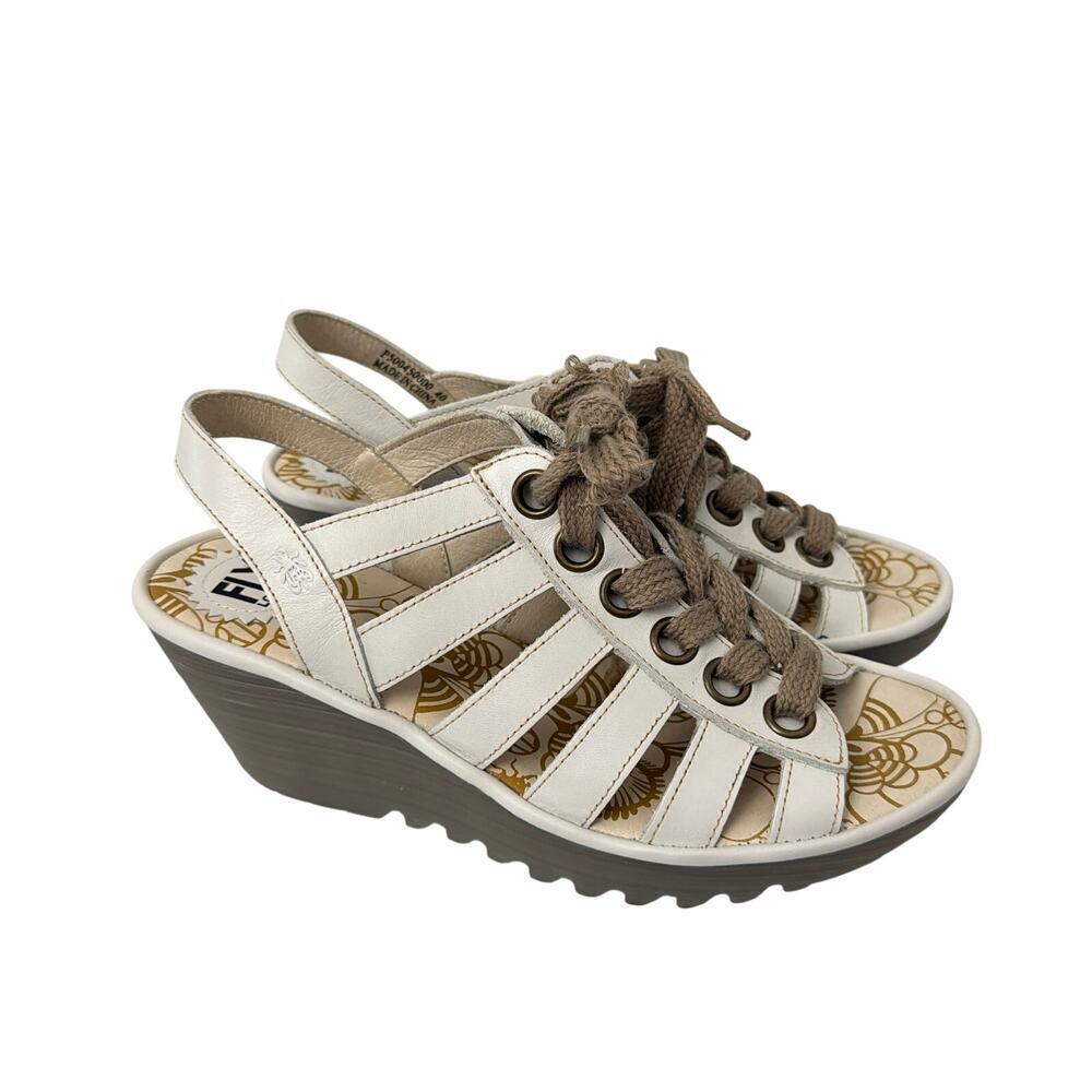 Fly London Yito Shoes Womens Size 9 US Wedge Sandals 40 EU White Leather Shoes